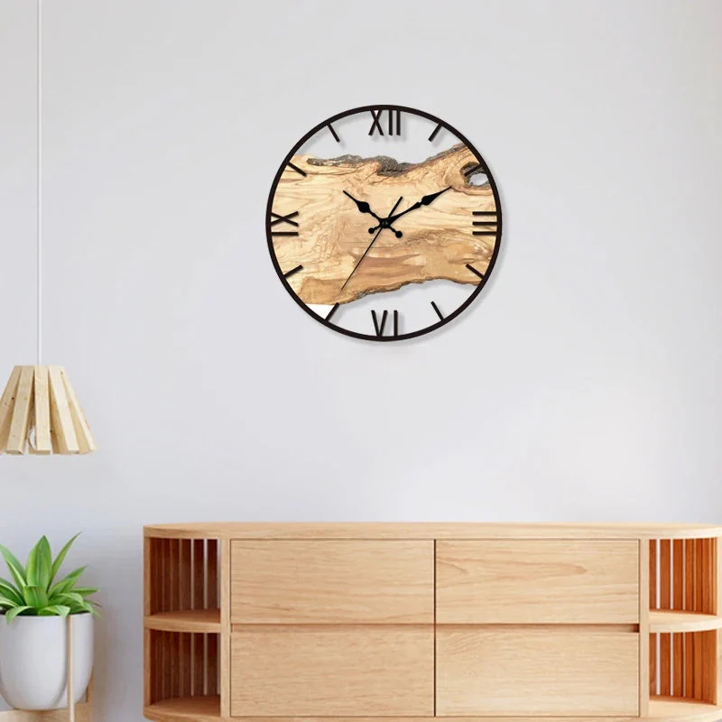 Transparent Wall Clock with Roman Numerals, Metal Frame, and Smooth Wood Texture