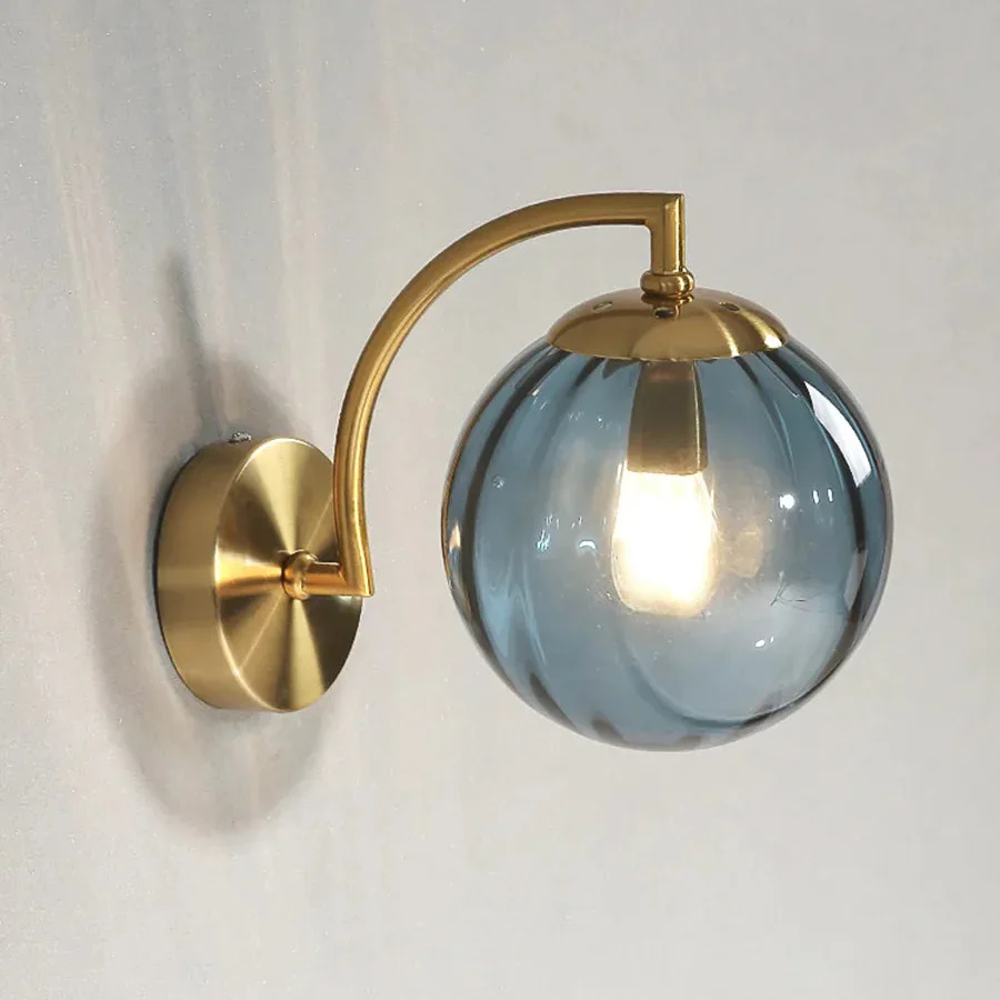 Modern Ribbed Glass Globe Wall Light �C Curved Arm LED Sconce for Elegant Interiors