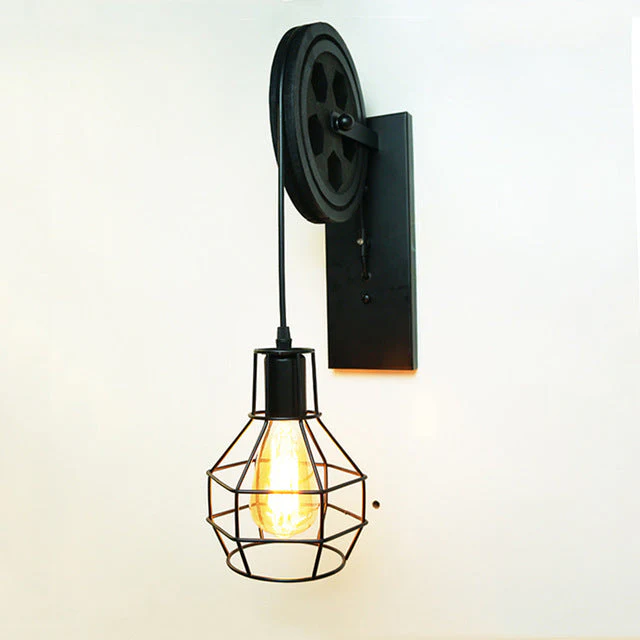 Industrial Rustic Wall Sconce - Vintage Wood & Metal Cage Light Fixture