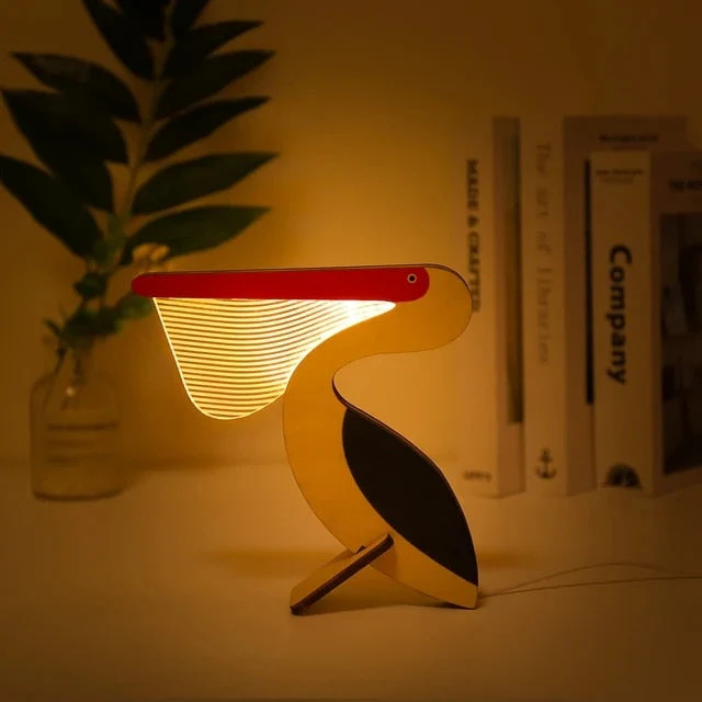Modern Whimsical Pelican LED Night Light - USB Wooden Acrylic Table Lamp