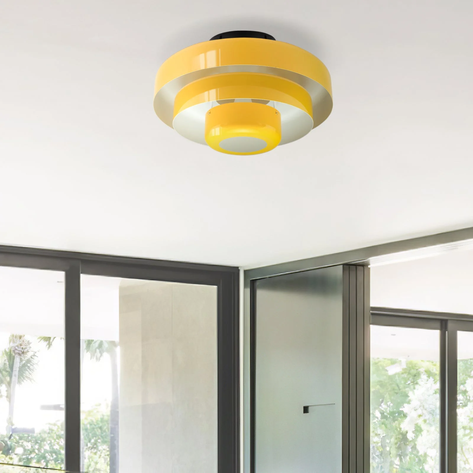 Mid-Century Modern Iron Flush Mount Ceiling Light with Tiered Geometric Design