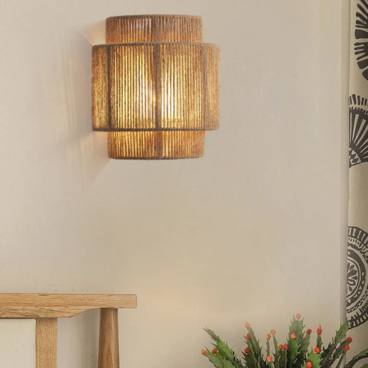 Japanese Woven Rope Wall Light �C Boho Coastal Dual-Tier Sconce for Living Room/Bedroom