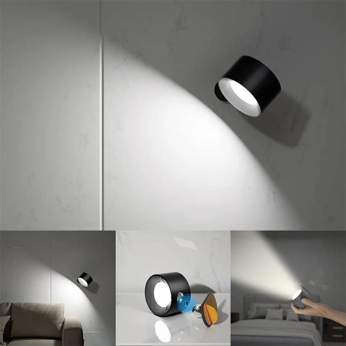 Wall Lamp | Matte Black Metal & Natural Wood | 360�� Rotatable Head | Living Room Accent