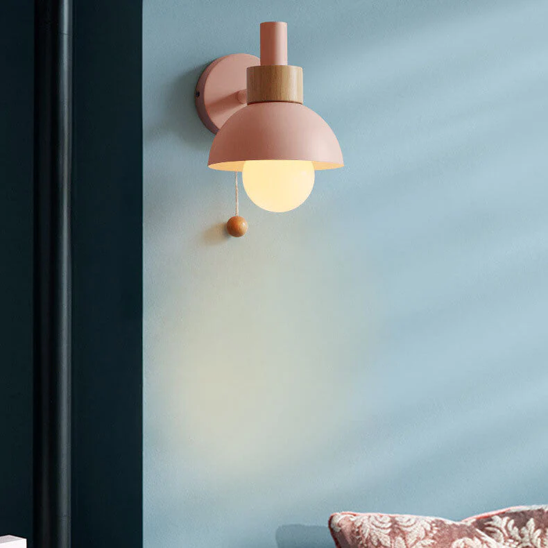 Modern Nordic Wall Sconce Light �C Iron & Glass Globe with Wooden Pull Cord, E26 Fitting