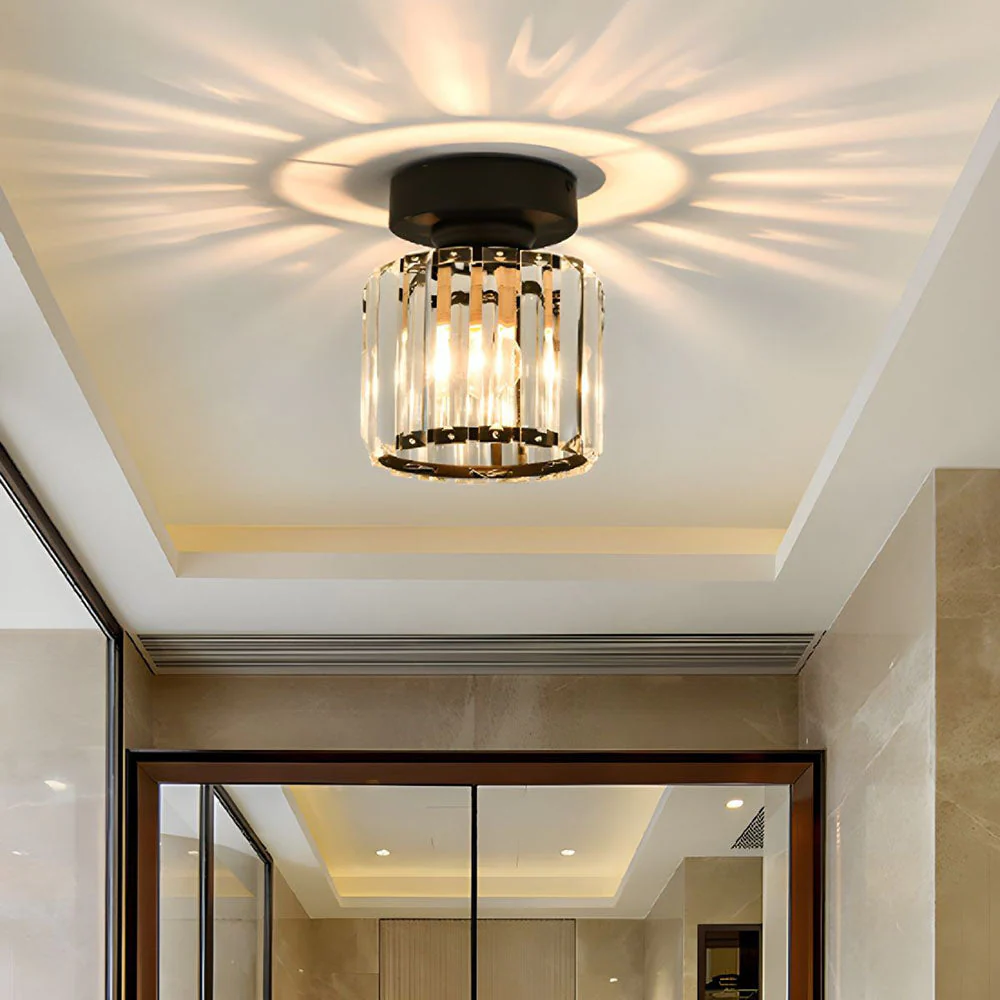 Contemporary Flush Ceiling Light with Crystal Rods & Brass Cage �C E27 Fitting