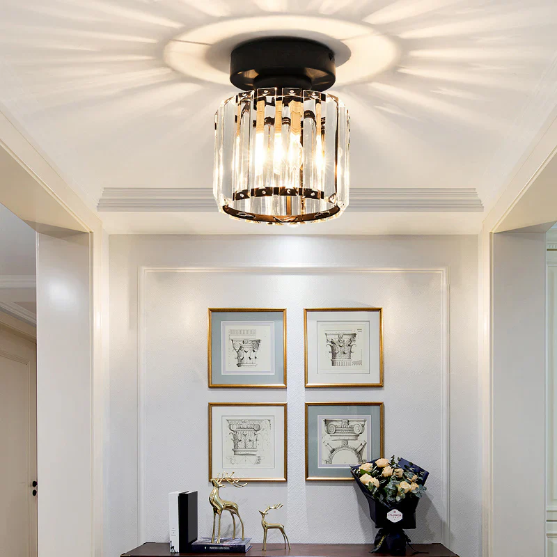 Contemporary Flush Ceiling Light with Crystal Rods & Brass Cage �C E27 Fitting