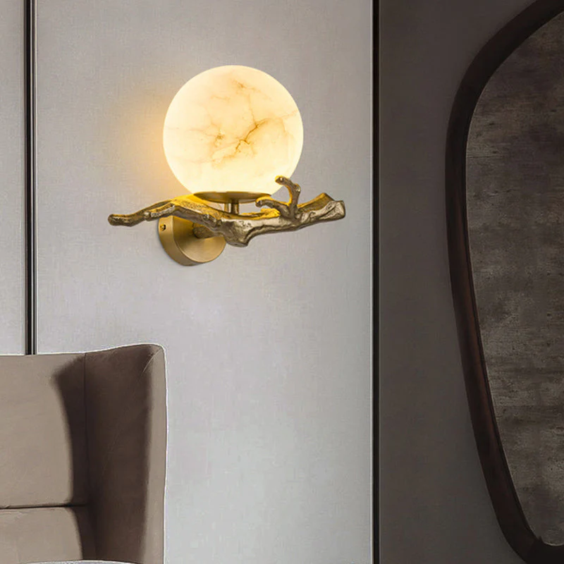 Modern Scandinavian Wall Lamp �C Marble & Brass Sconce with Sculptural Natural Design