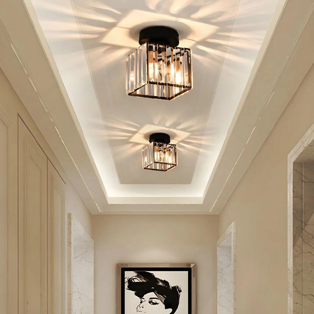 Contemporary Flush Ceiling Light with Crystal Rods & Brass Cage �C E27 Fitting