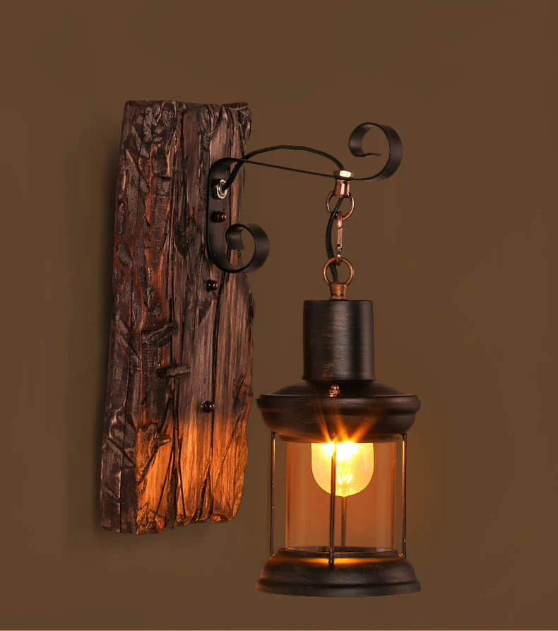 Rustic Lantern Wall Sconce with Glass and Iron for Vintage Decor