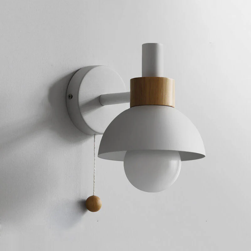 Modern Nordic Wall Sconce Light �C Iron & Glass Globe with Wooden Pull Cord, E26 Fitting