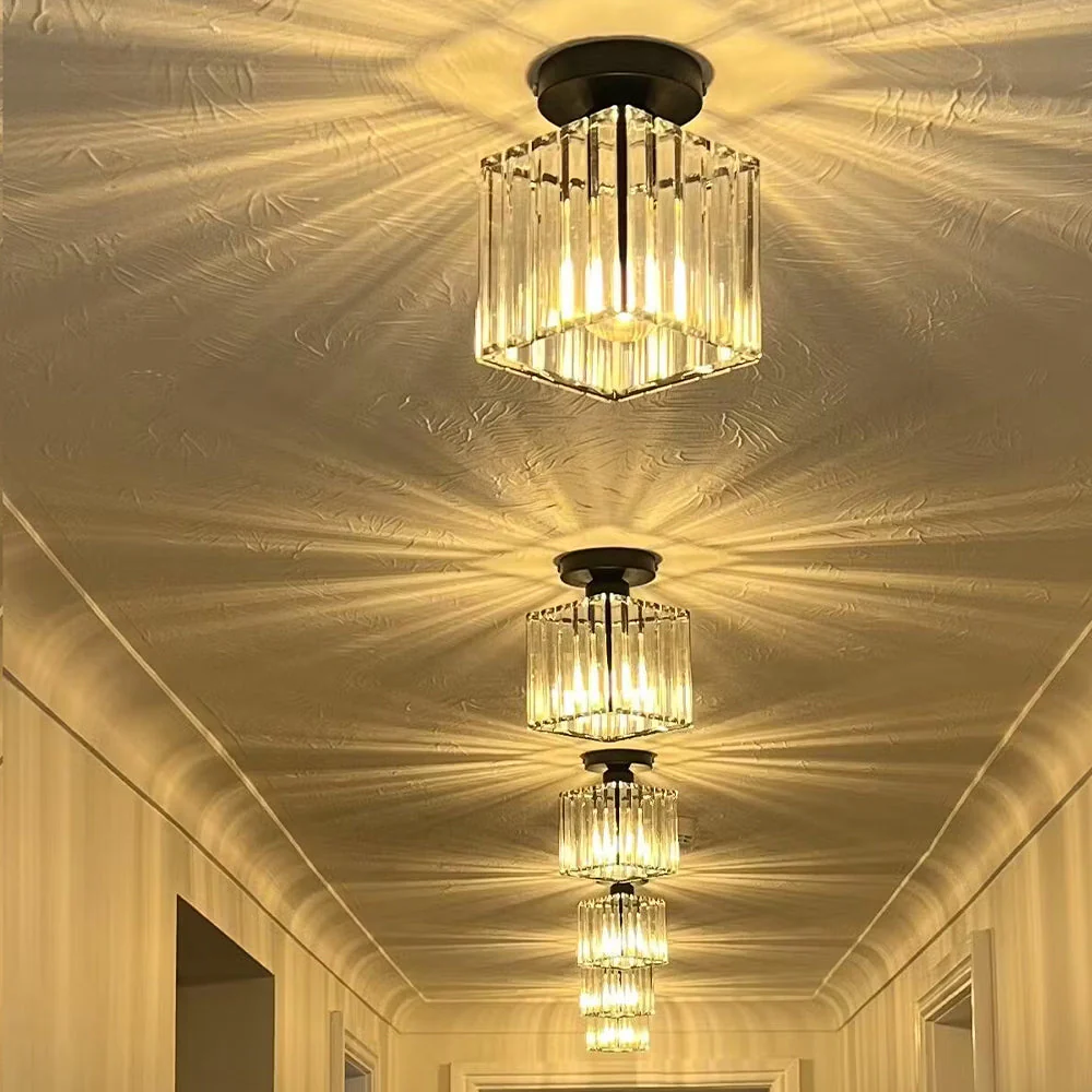 Modern Crystal Flush Ceiling Light with Brass Frame, E27 Fitting, 13cm Compact Design
