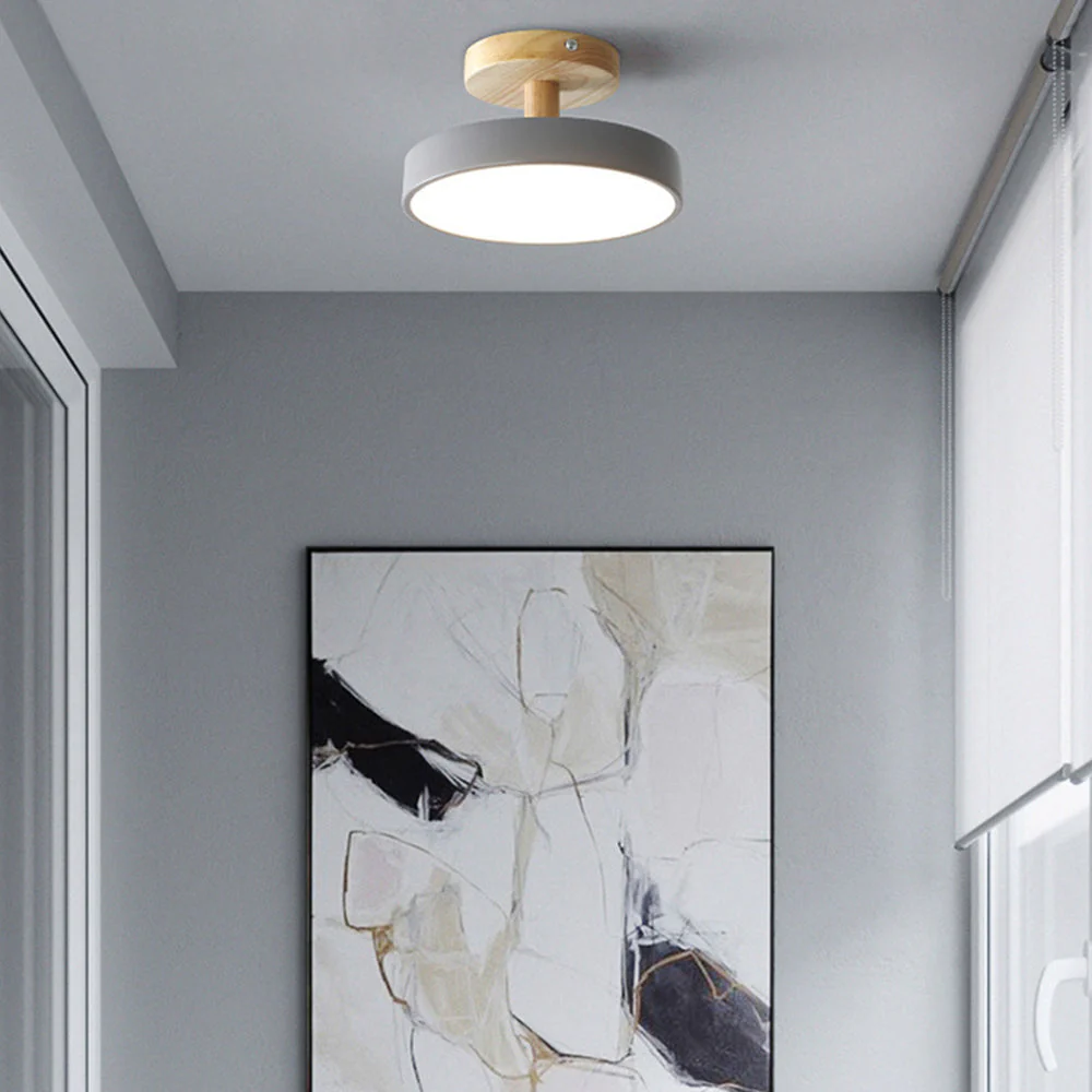 Modern Flush Mount LED Ceiling Light �C Wood & Iron, Minimalist Round Design