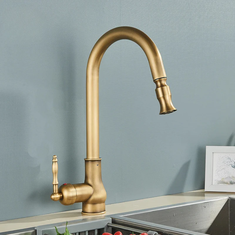Antique Brass Kitchen Faucet with Swivel Spout and Single Lever Handle