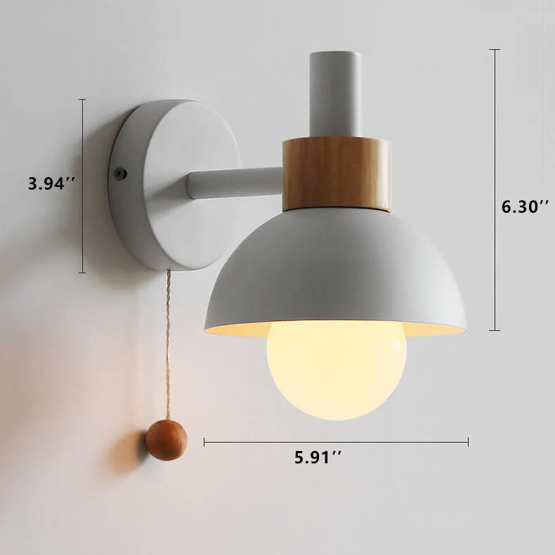 Modern Nordic Wall Sconce Light �C Iron & Glass Globe with Wooden Pull Cord, E26 Fitting