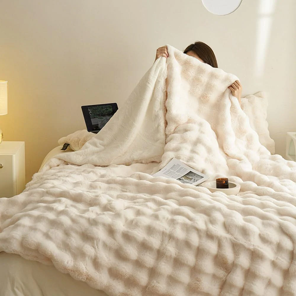 Throw Blanket | Faux Rabbit Fleece | Double-Sided Texture | Living Room Cozy