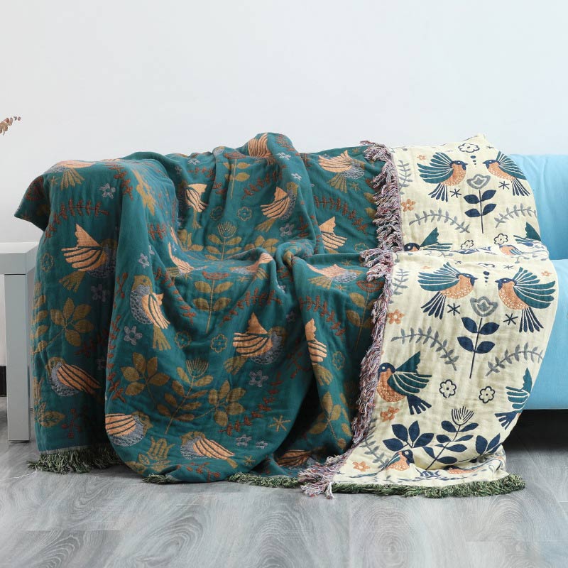 Boho Reversible Bird & Floral Blanket �C 100% Cotton Throw with Tassels �C Multi-Use Home Decor