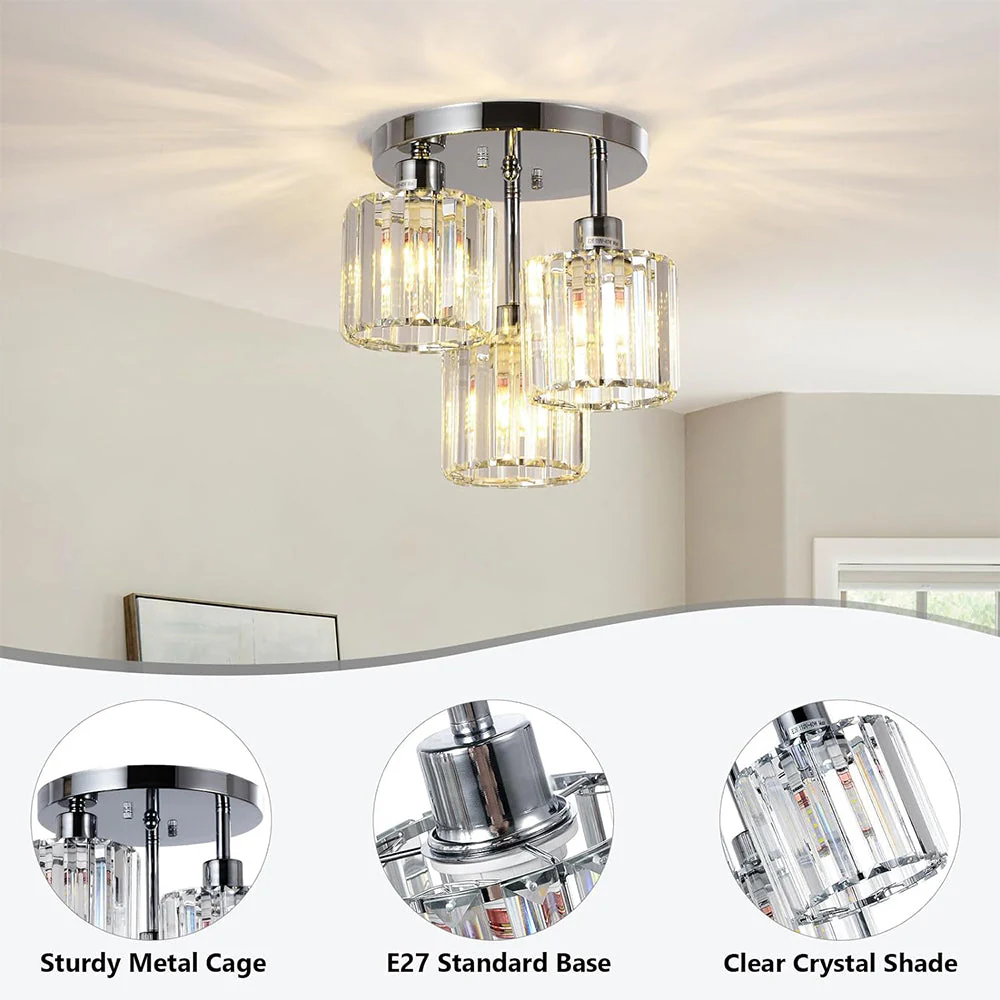 Modern Crystal Semi-Flush Ceiling Light with Ribbed Glass Shades �C 3-Light Fixture