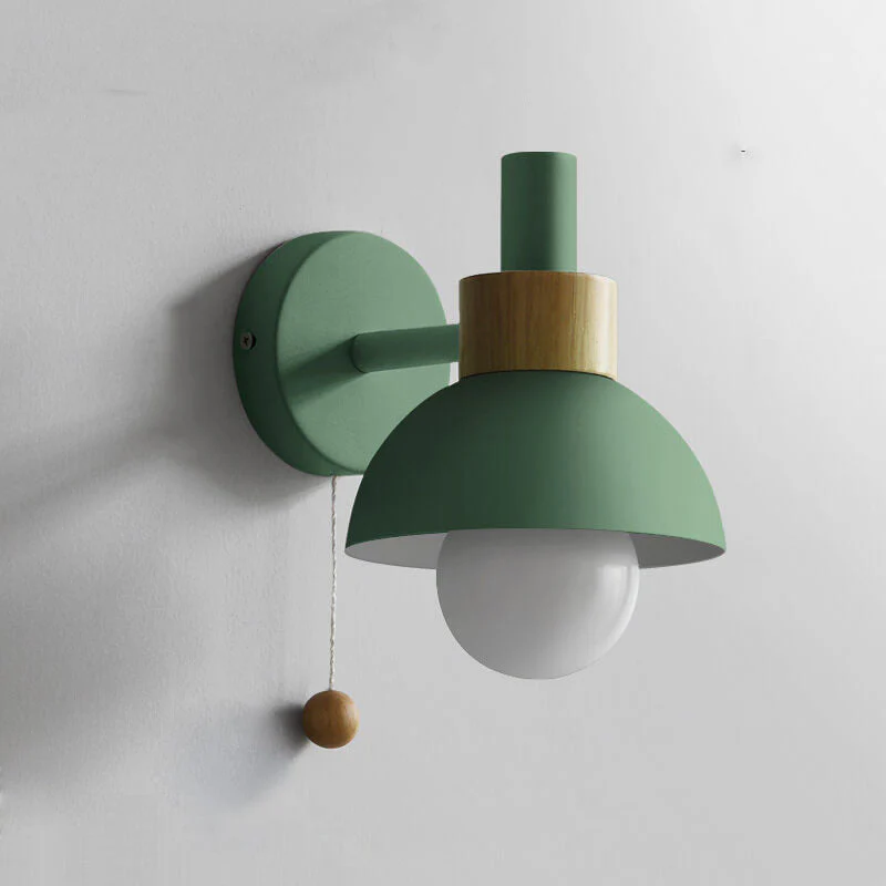 Modern Nordic Wall Sconce Light �C Iron & Glass Globe with Wooden Pull Cord, E26 Fitting