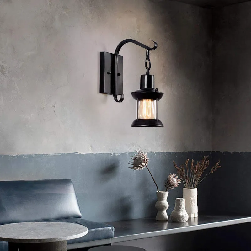 Industrial Vintage Lantern Wall Sconce with Oil-Bronze Finish