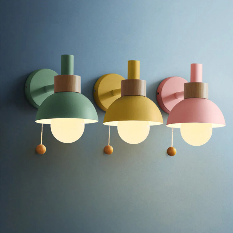 Modern Nordic Wall Sconce Light �C Iron & Glass Globe with Wooden Pull Cord, E26 Fitting