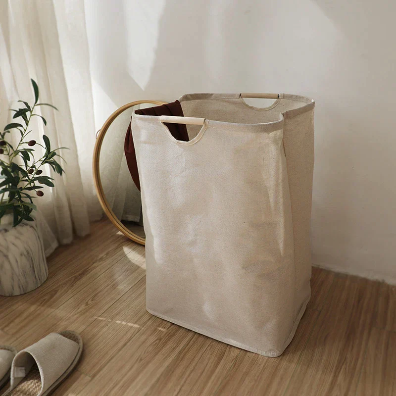 Collapsible Cotton Linen Laundry Hamper with Wooden Handles - Minimalist Japanese Style