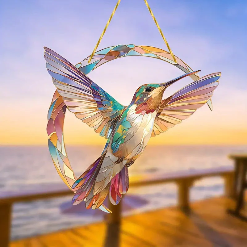 Art Nouveau Stained Glass Hummingbird Suncatcher Ornament - Handcrafted Acrylic Decor