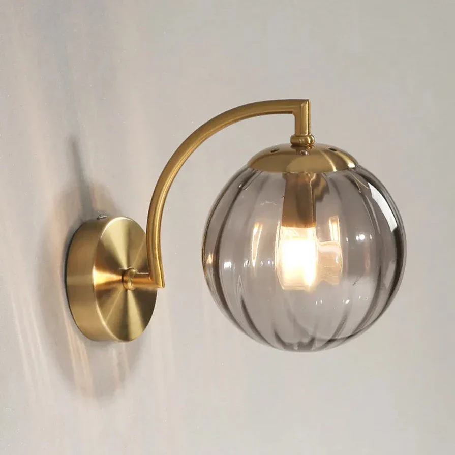 Modern Ribbed Glass Globe Wall Light �C Curved Arm LED Sconce for Elegant Interiors