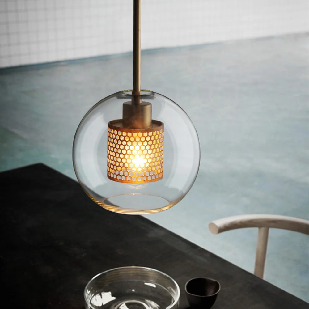 Modern Glass Pendant Light with Perforated Metal Inner Shade �C Contemporary Ceiling Fixture