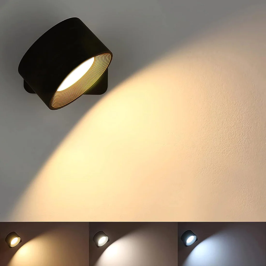 Wall Lamp | Matte Black Metal & Natural Wood | 360�� Rotatable Head | Living Room Accent