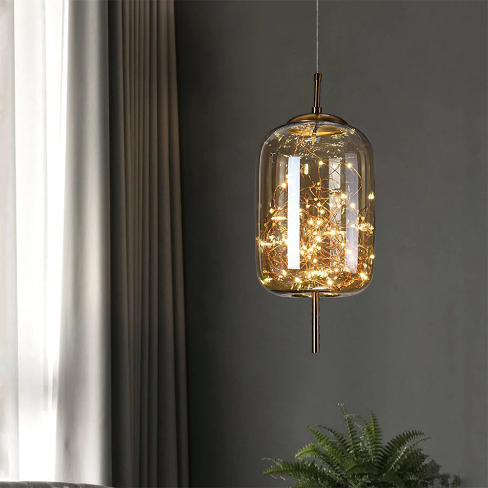 Modern Nordic Glass LED Pendant Light �?Sleek Cylinder Design with Fairy Light Core