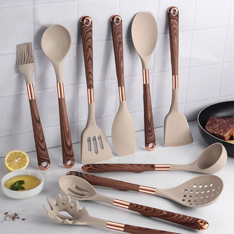 Silicone Utensil Set | Silicone & Wood | Heat-Resistant Wood Grain Handles | Kitchen Use