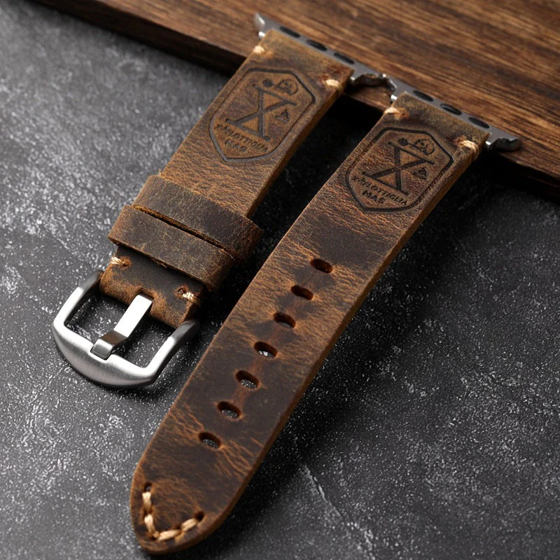 Handcrafted Vintage Leather Apple Watch Band with Rugged Stitching