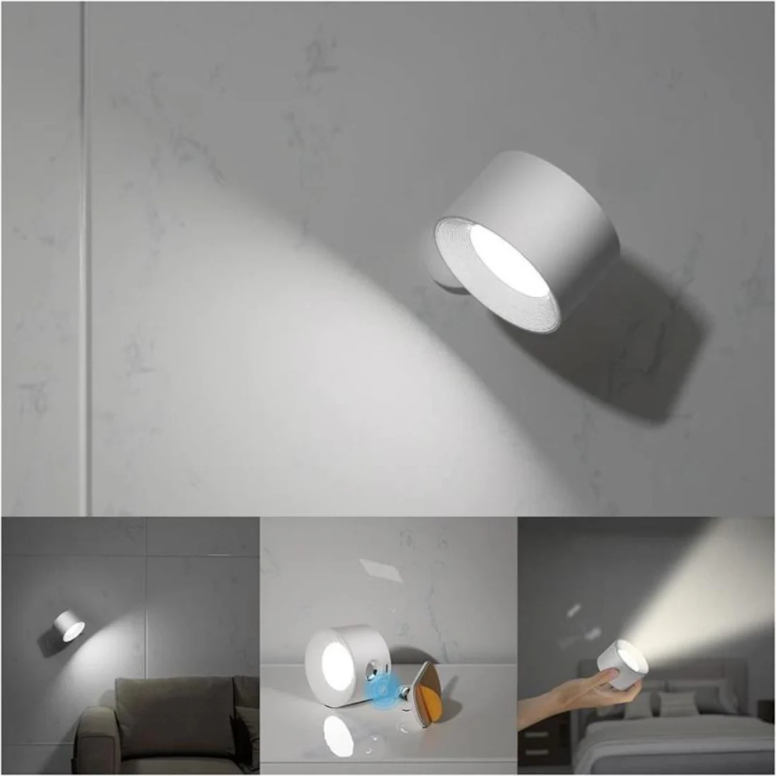 Wall Lamp | Matte Black Metal & Natural Wood | 360�� Rotatable Head | Living Room Accent