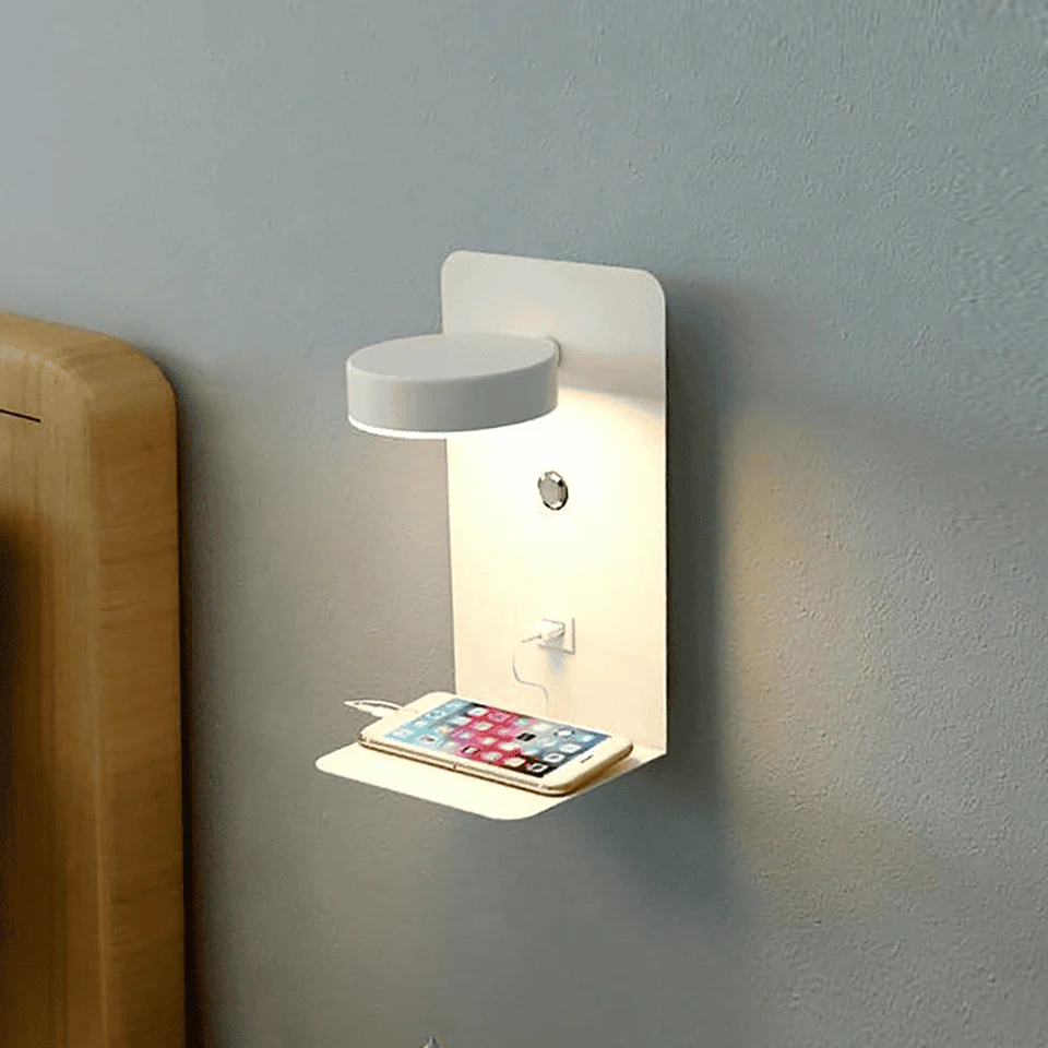 Modern Wall-Mounted LED Night Light with Shelf and USB �?Bedroom Ambient Lamp