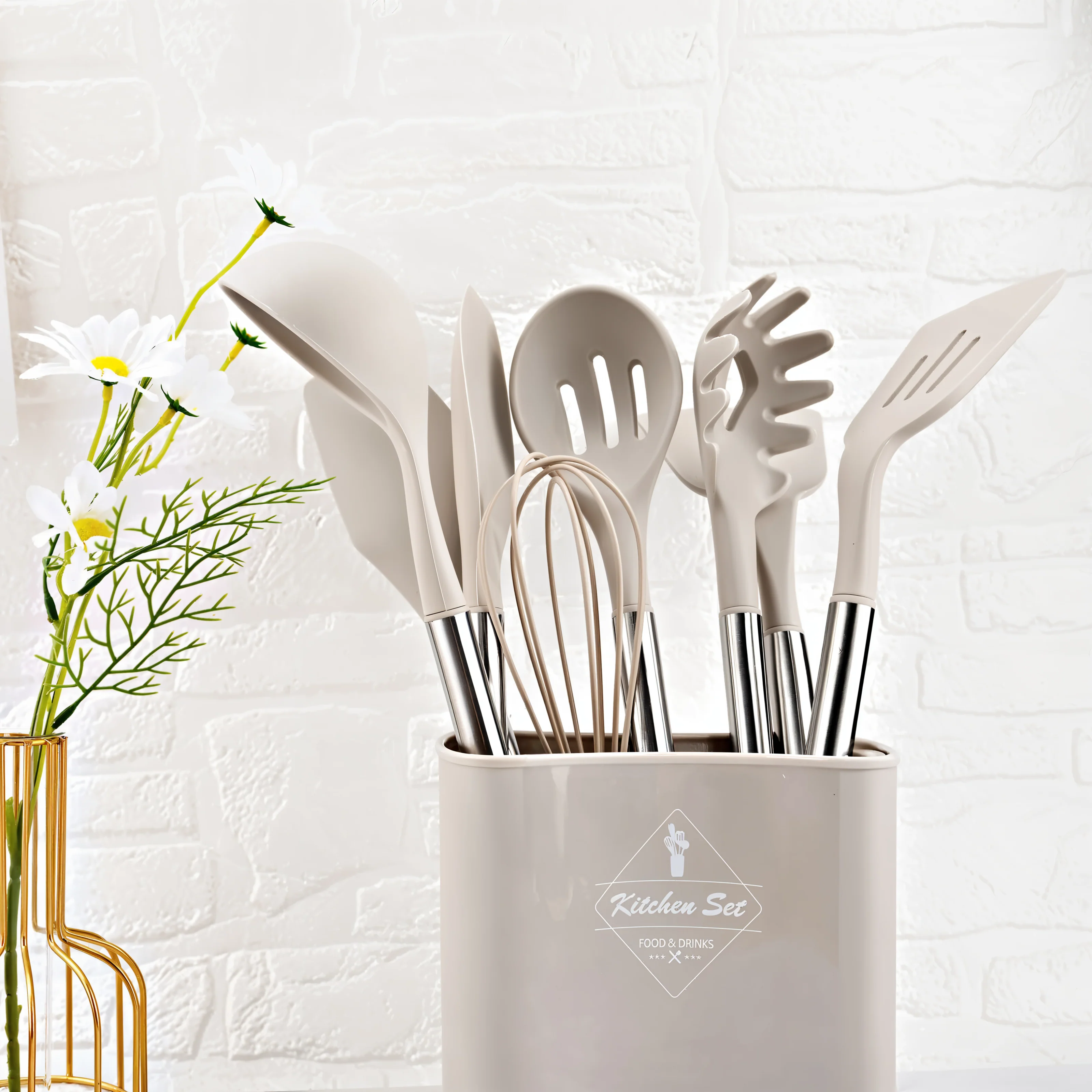 12-Piece Silicone Kitchen Utensil Set with Stainless Steel Handles & Holder