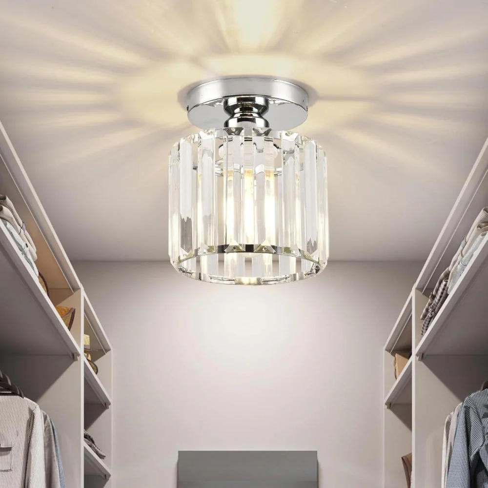 Contemporary Flush Ceiling Light with Crystal Rods & Brass Cage �C E27 Fitting