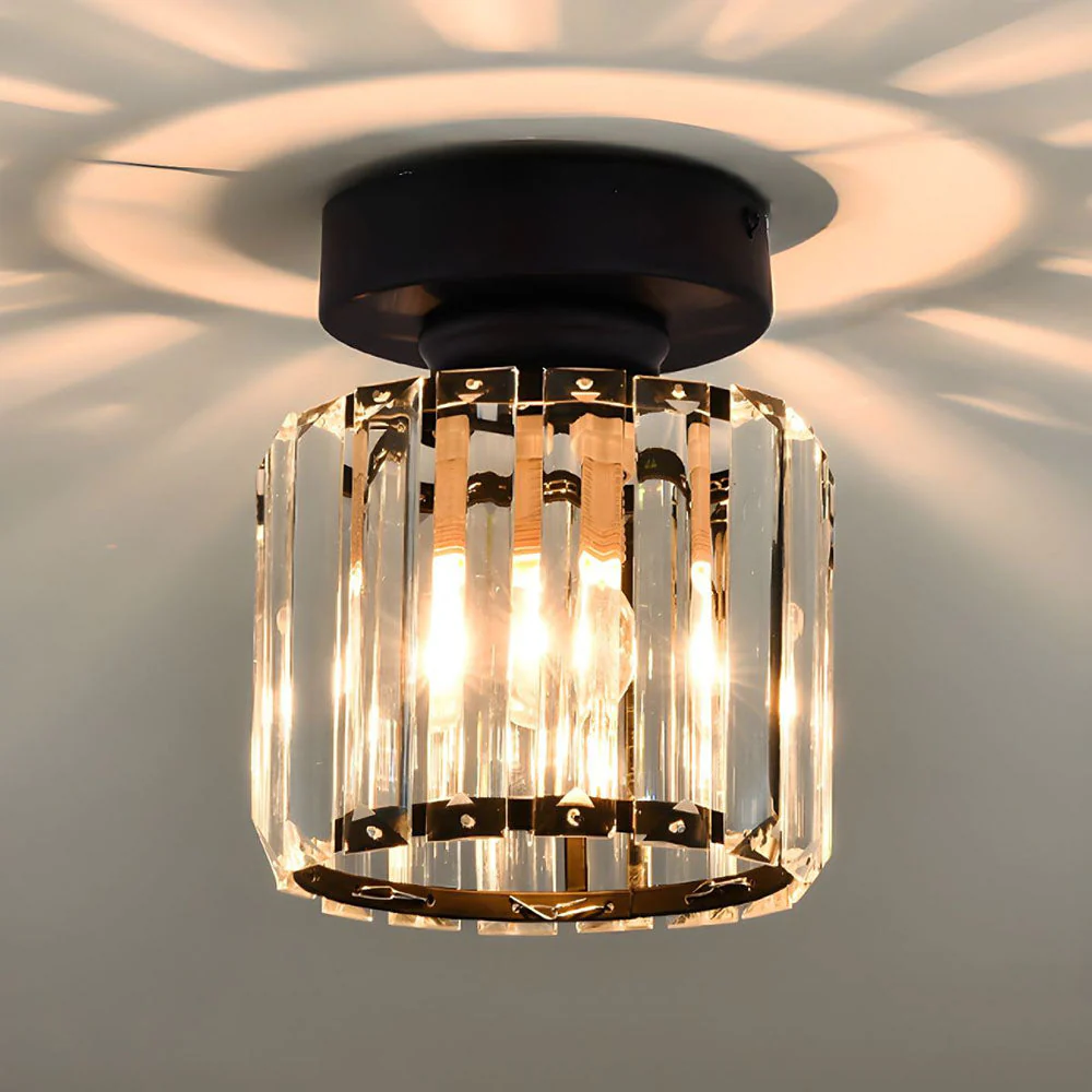 Contemporary Flush Ceiling Light with Crystal Rods & Brass Cage �C E27 Fitting