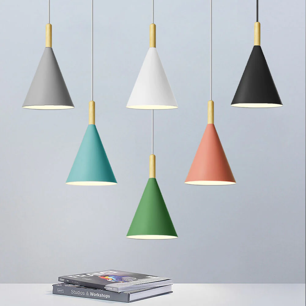 Modern Cone Pendant Light with Wood Accent �C Minimalist Nordic Ceiling Fixture