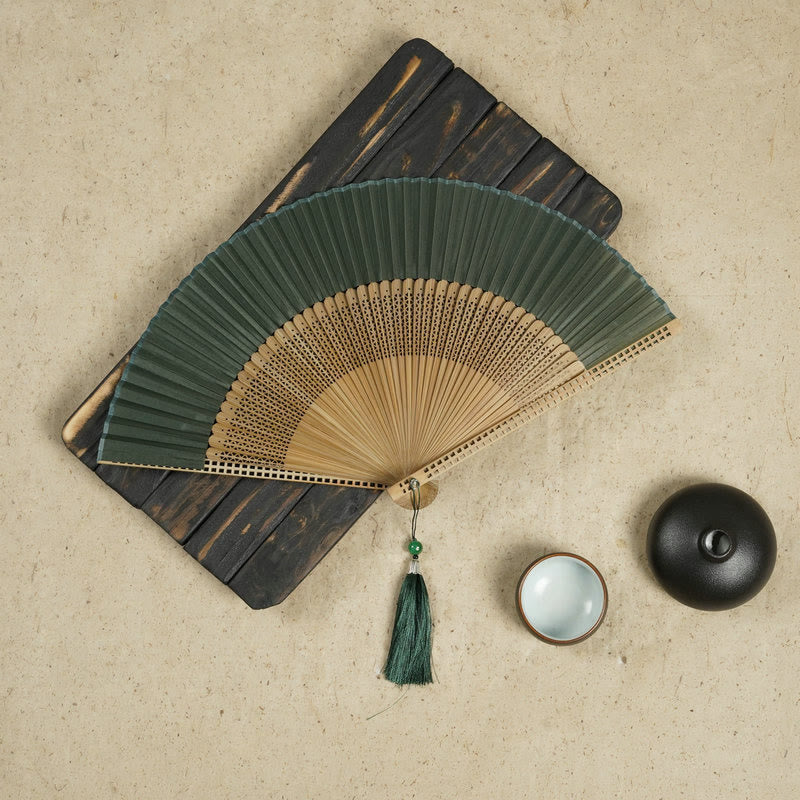 Elegant Bamboo Silk Folding Fan with Tassel - Traditional Asian Design