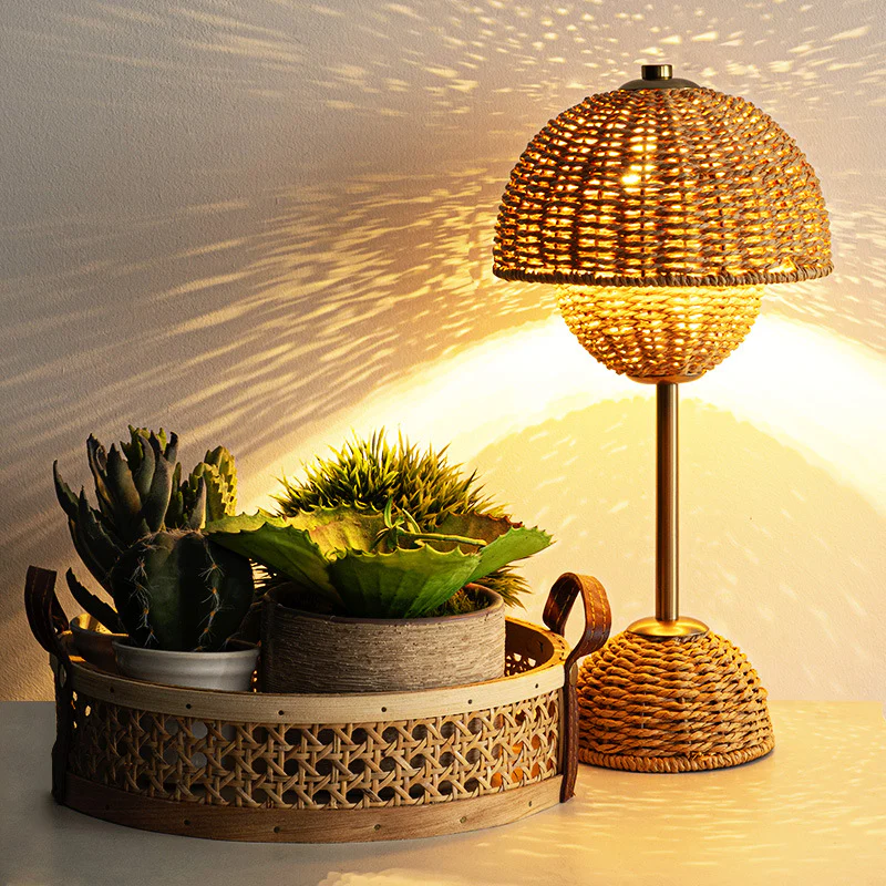 Eco-Friendly Bamboo Rattan Table Lamp with LED Ambient Glow
