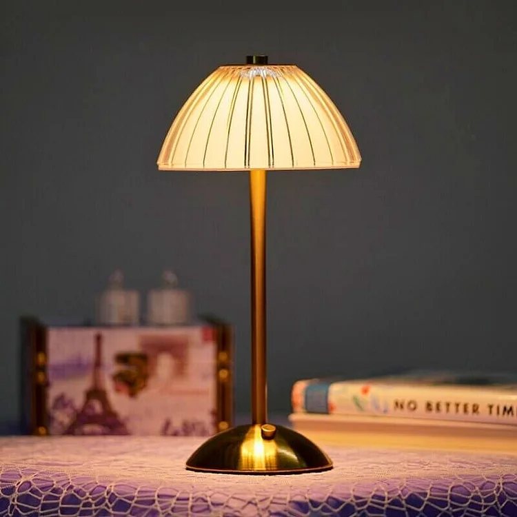 Modern Crystal Metal Cordless Table Lamp with Pleated Dome Shade