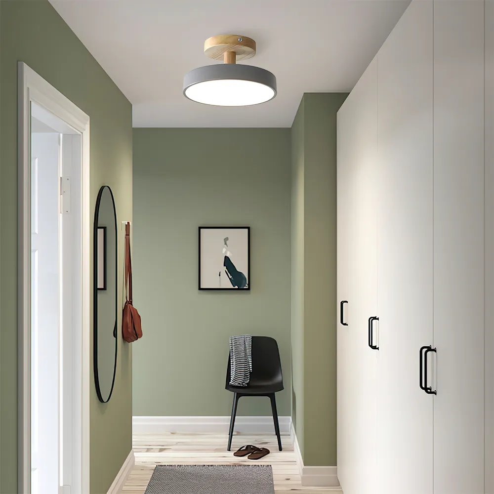 Modern Flush Mount LED Ceiling Light �C Wood & Iron, Minimalist Round Design