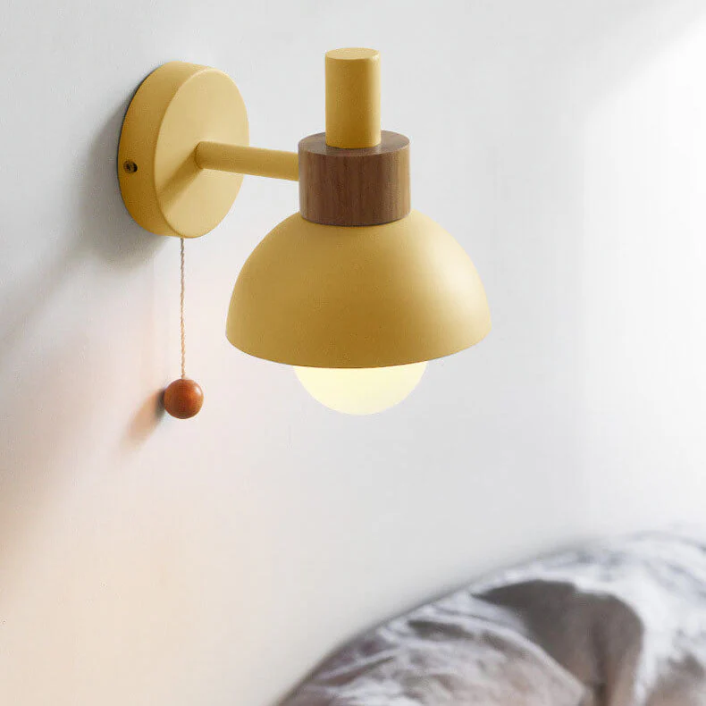 Modern Nordic Wall Sconce Light �C Iron & Glass Globe with Wooden Pull Cord, E26 Fitting