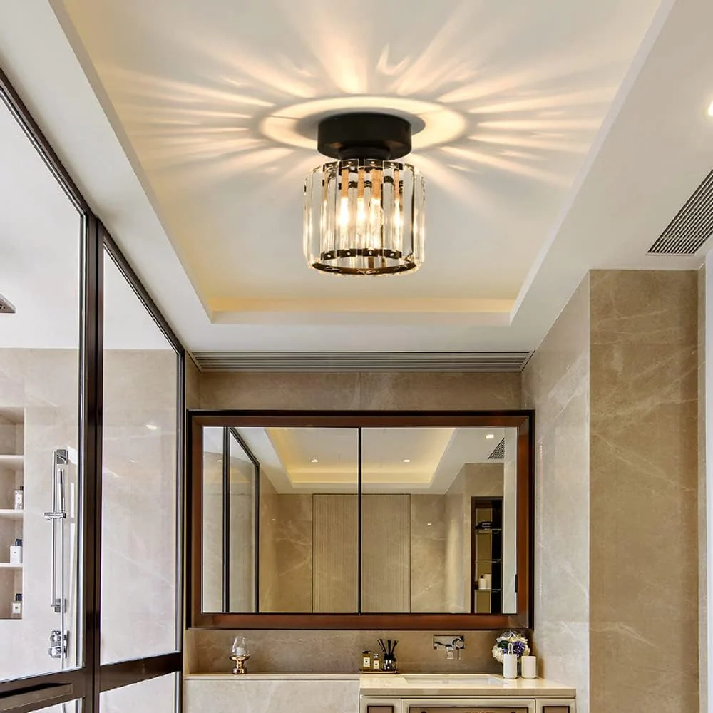 Contemporary Flush Ceiling Light with Crystal Rods & Brass Cage �C E27 Fitting