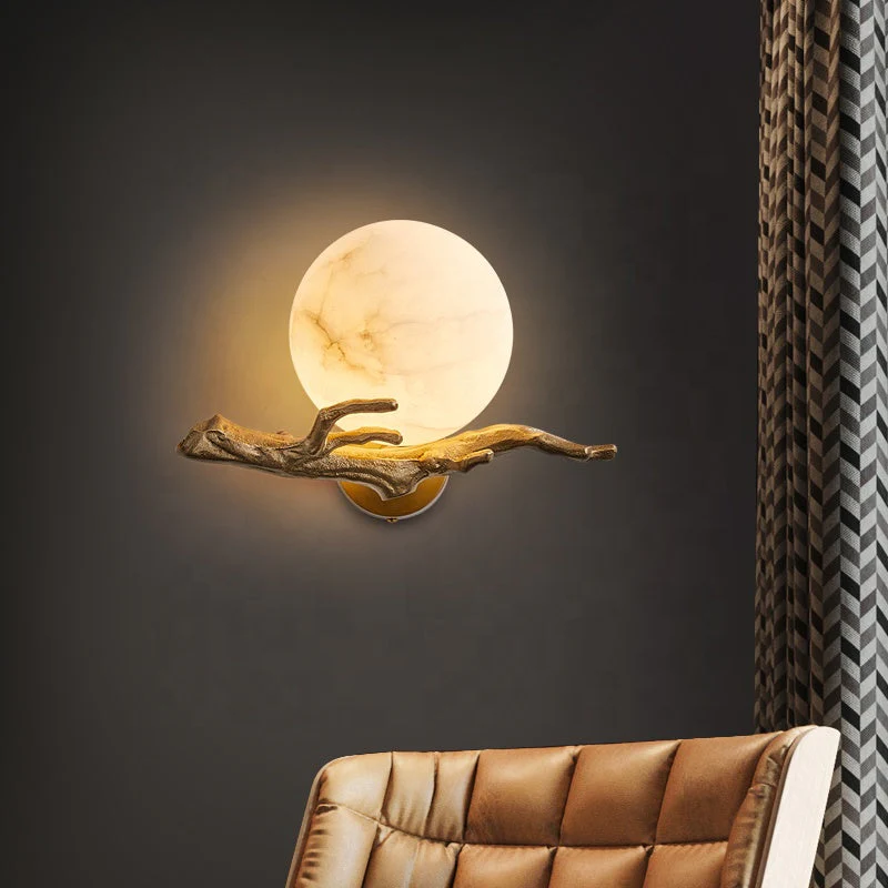 Modern Scandinavian Wall Lamp �C Marble & Brass Sconce with Sculptural Natural Design