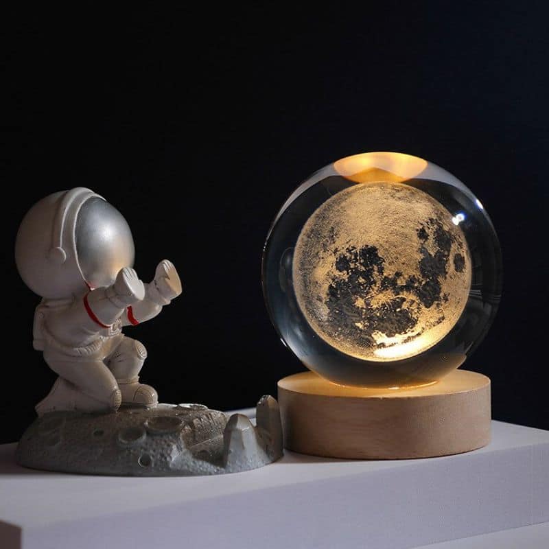 Crystal Ball Lamp | Clear Crystal & Light Wood | Engraved Solar System | Living Room Accent