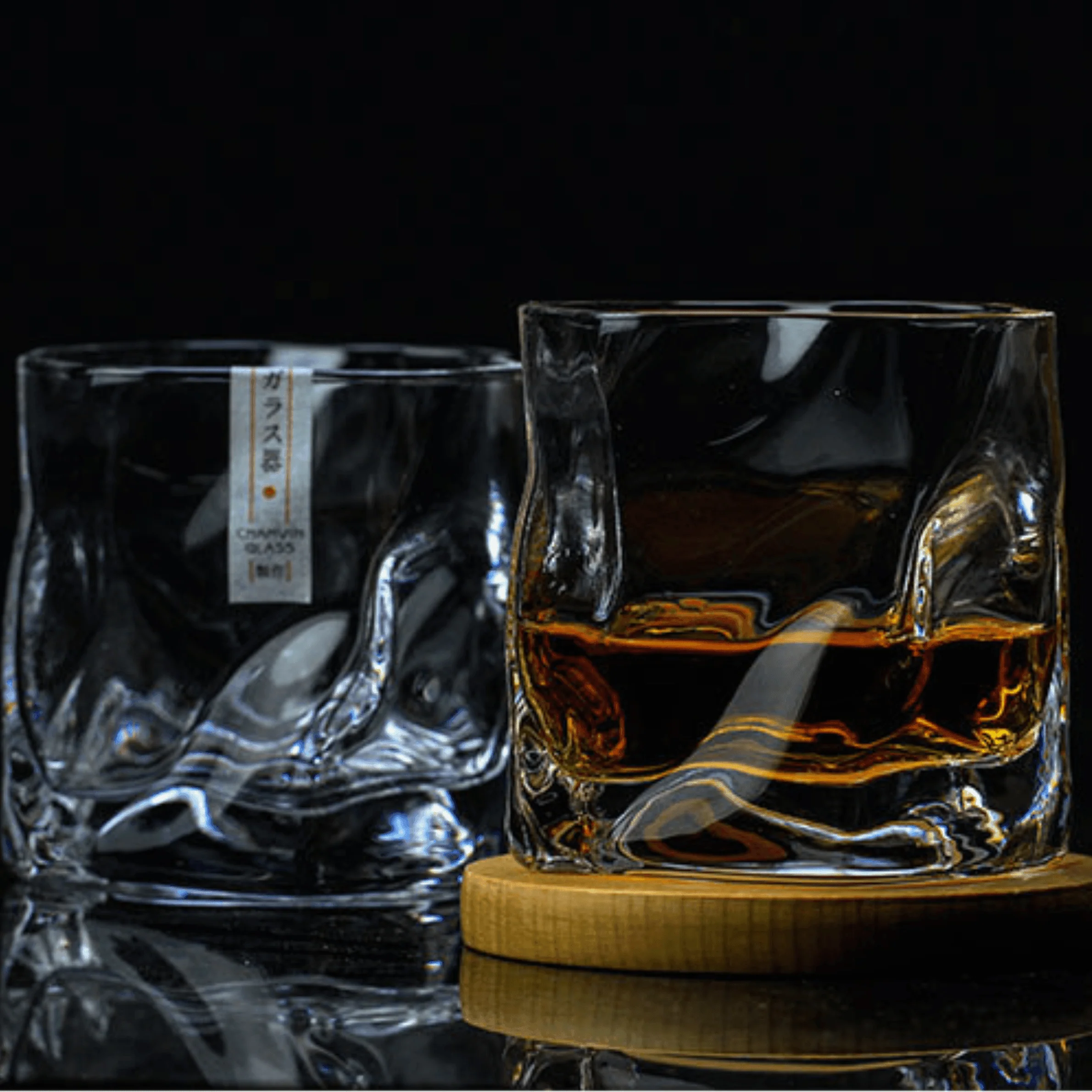 Whisky Tumbler Edo Kiriko Crumple Design with Wood Coaster