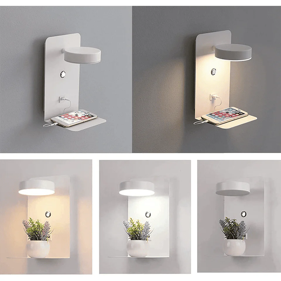Modern Wall-Mounted LED Night Light with Shelf and USB �?Bedroom Ambient Lamp