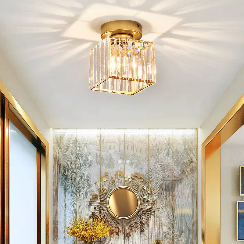 Contemporary Flush Ceiling Light with Crystal Rods & Brass Cage �C E27 Fitting