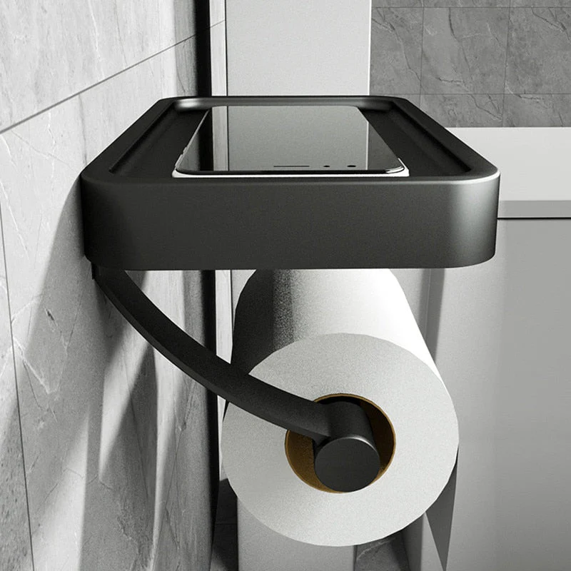 Toilet Paper Holder With Shelf | Matte Black Metal & Plastic | Integrated Shelf | Bathroom Wall Mount